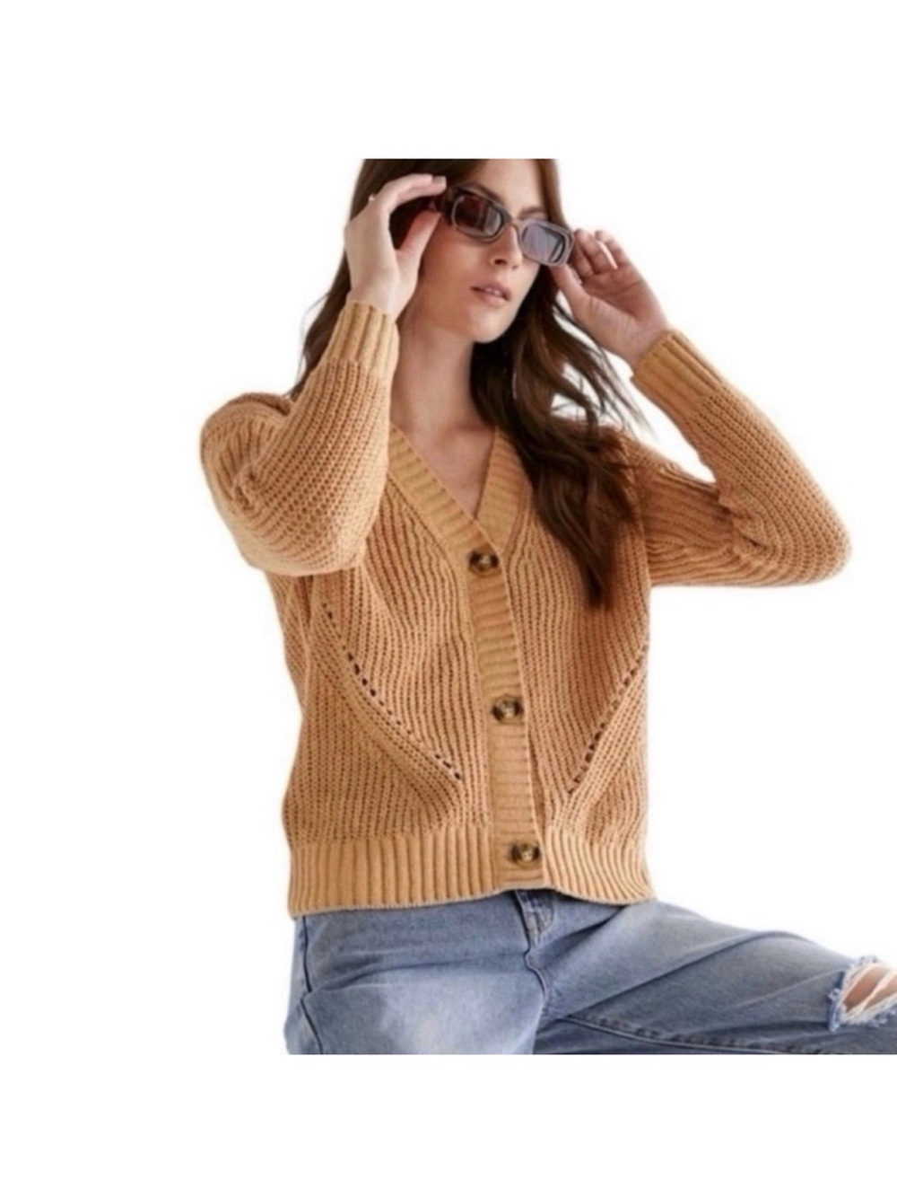 Francesca’s Mckayla short tan cardigan - large